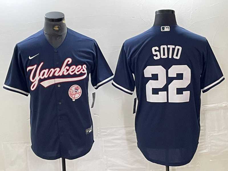 Men%27s New York Yankees #22 Juan Soto Navy With Patch Cool Base Stitched Baseball Jersey